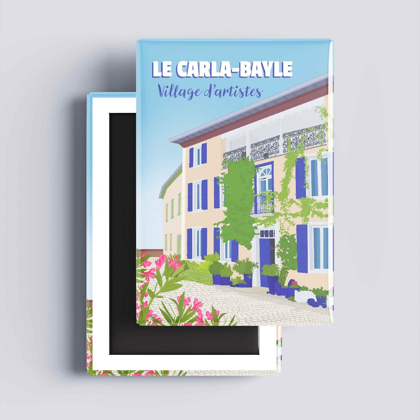 Détail graphique de l'illustration du Carla-Bayle, village d'artistes, sur un magnet décoratif aux couleurs vives et lumineuses.