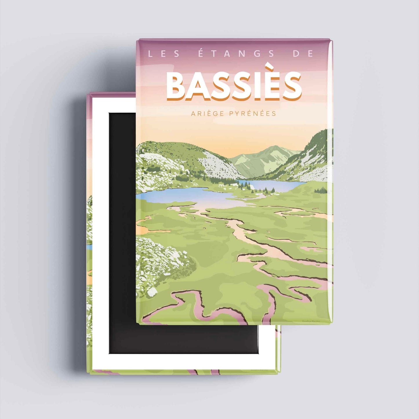 Détail graphique de l'illustration de Bassiès sur un magnet décoratif, style néo-rétro mettant en avant les paysages de haute montagne.