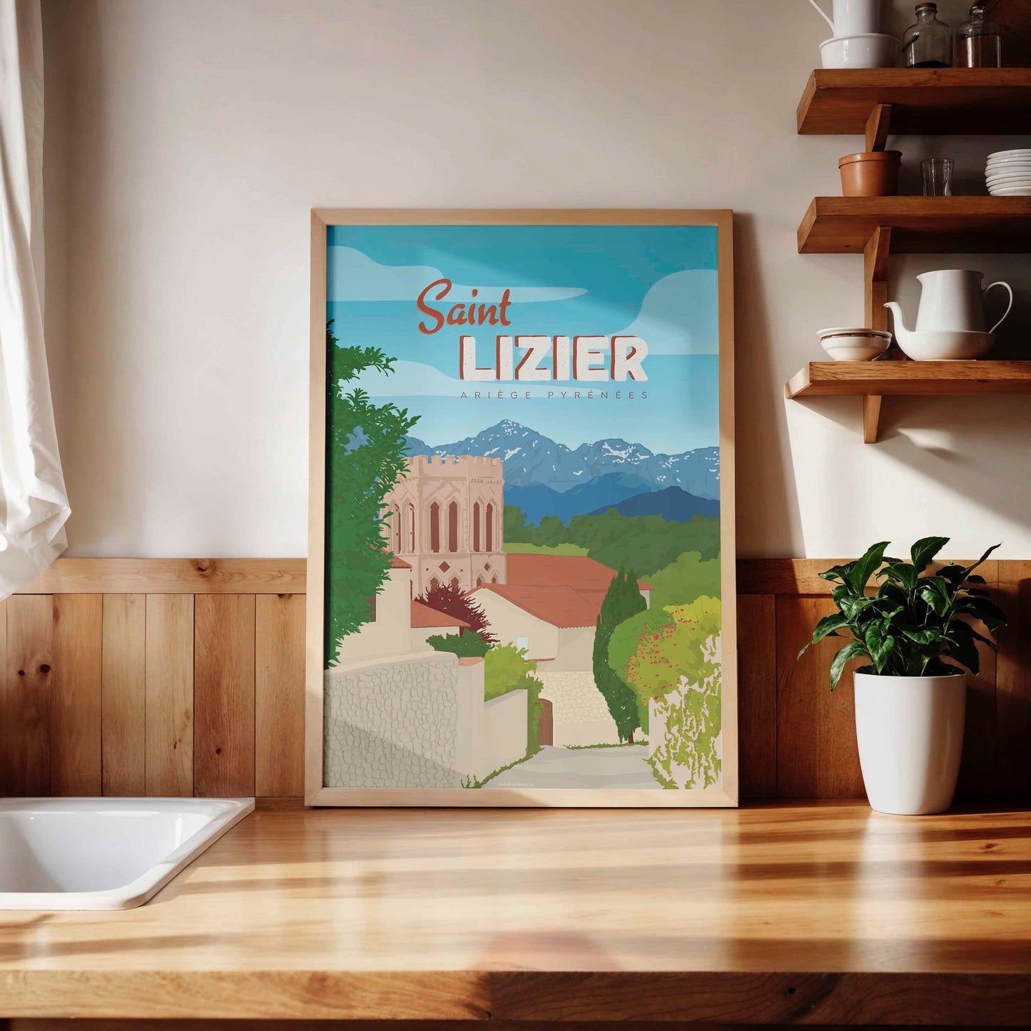 Affiche Goodbye Marylou de Saint-Lizier posée sur un plan de travail en bois dans une cuisine lumineuse aux étagères rustiques.
