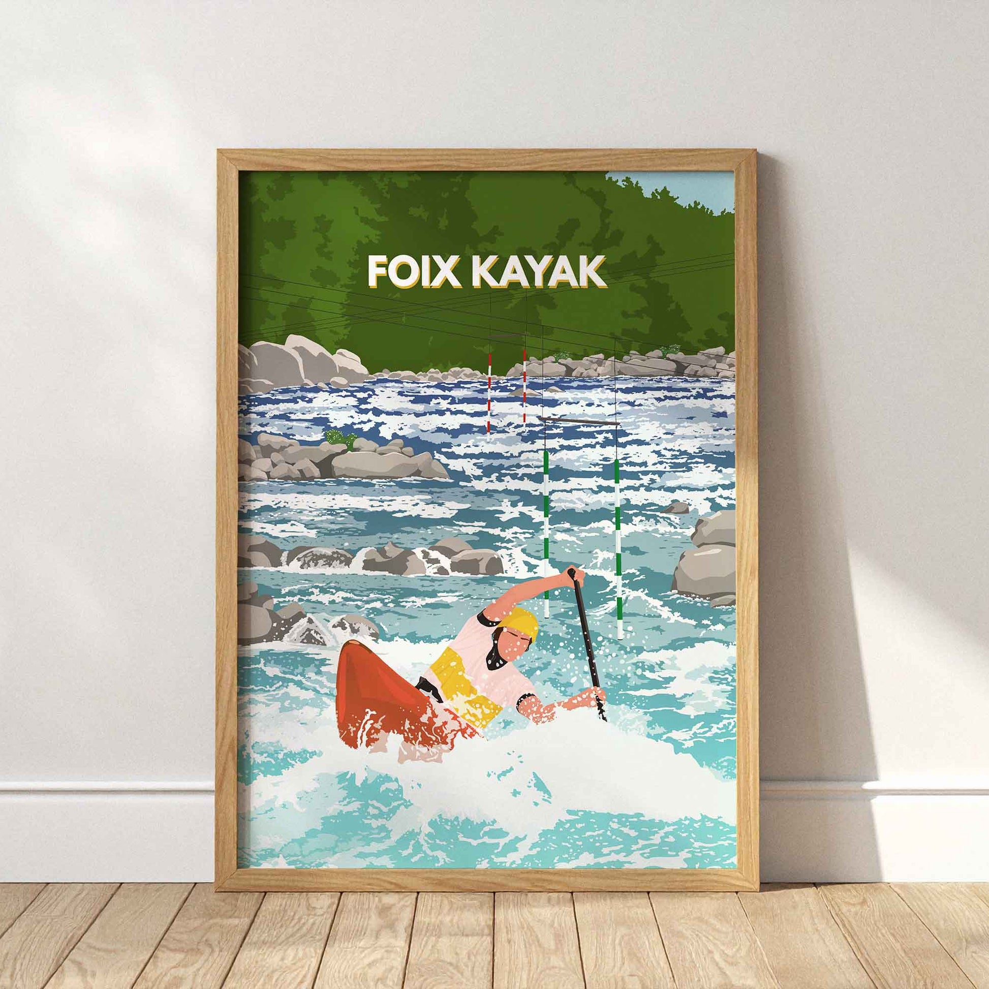 illustration graphique "Foix Kayak" dans un cadre en bois clair, mettant en scène un kayakiste dans les rapides du bassin du Rebech, style néo-rétro.