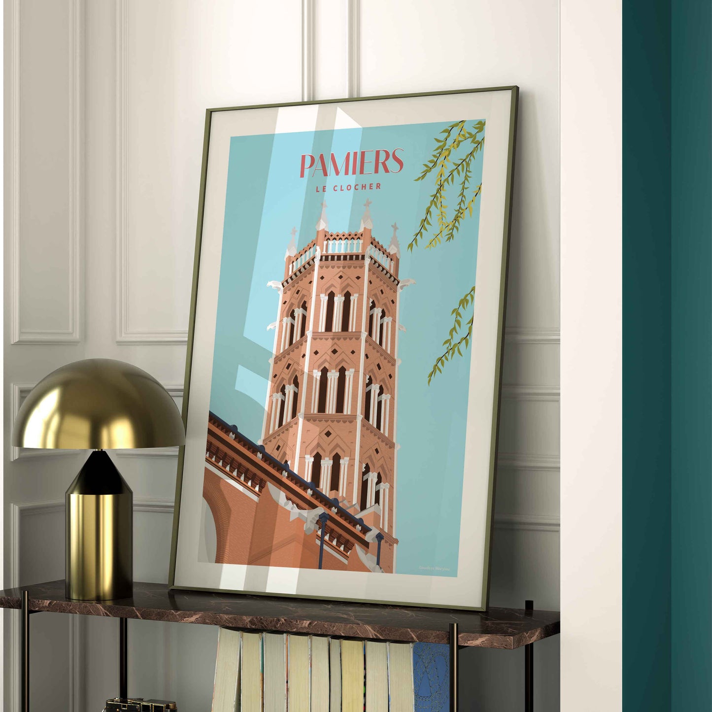 Affiche de Pamiers en décoration murale, illustration locale des Pyrénées dans un intérieur lumineux