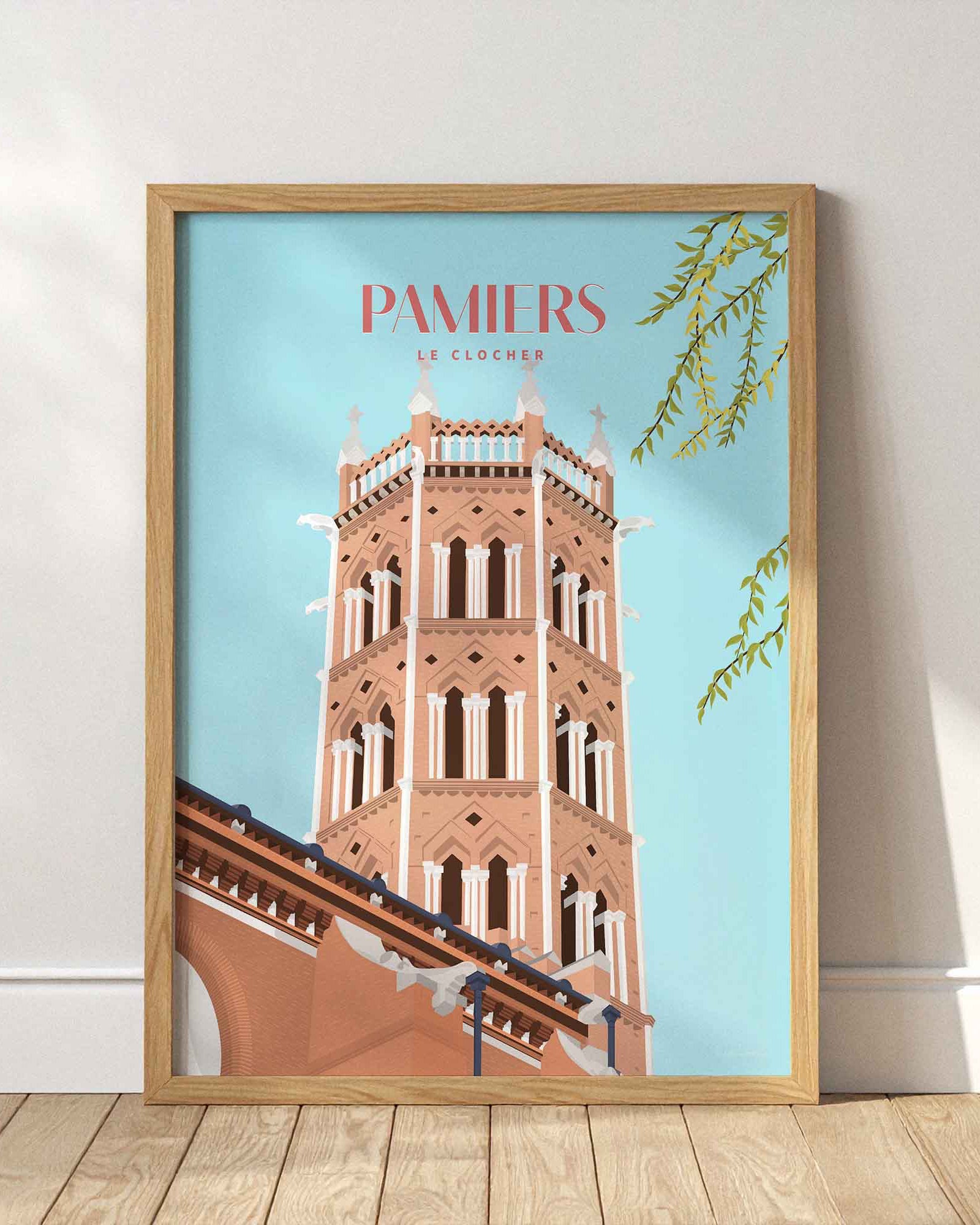 Affiche illustrée de Pamiers représentant le clocher, illustration artistique en Ariège dans les Pyrénées