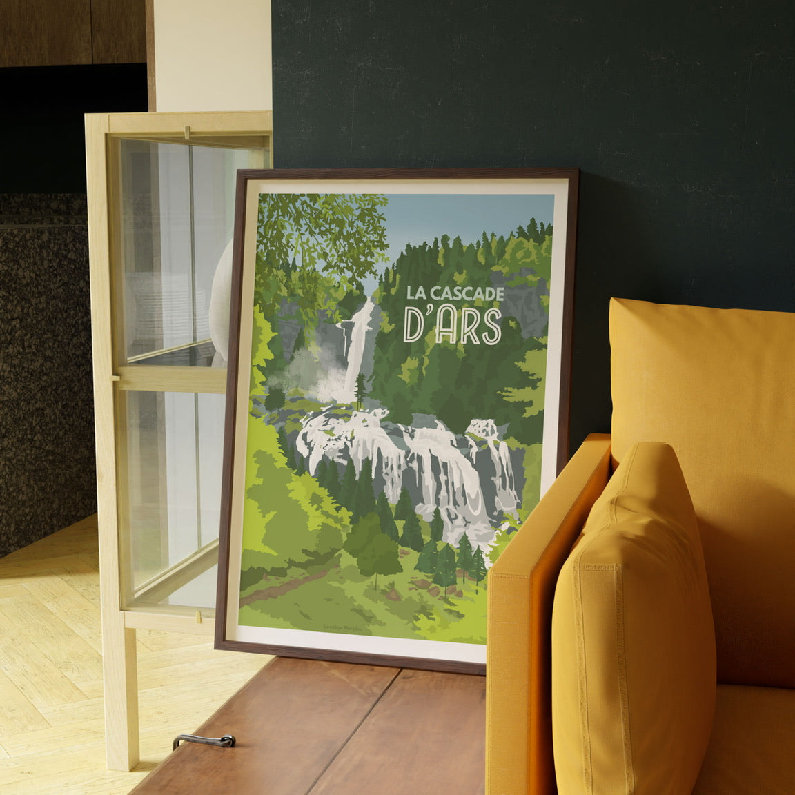 Illustration de la cascade d’Ars entourée de forêt verdoyante