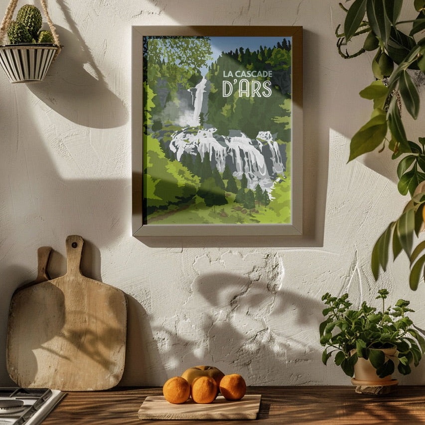 Poster de la cascade d’Ars, idée de cadeau local montagne et nature
