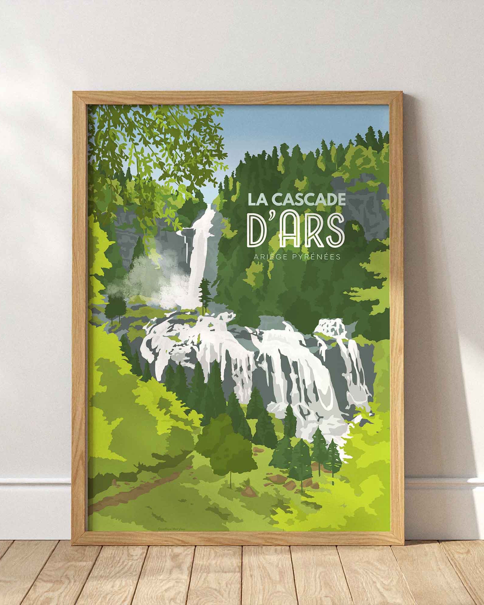 Illustration de la cascade d’Ars en Ariège, affiche décorative