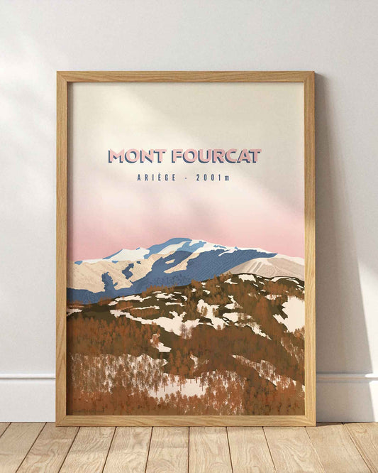 Affiche du Mont Fourcat enneigé, paysage de montagne emblématique de l’Ariège