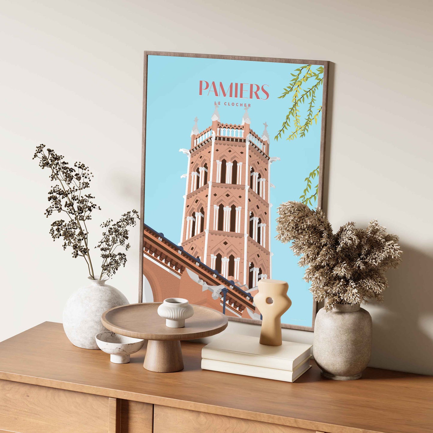 Détail de l’illustration de Pamiers, clocher emblématique dessiné par une artiste indépendante en Ariège