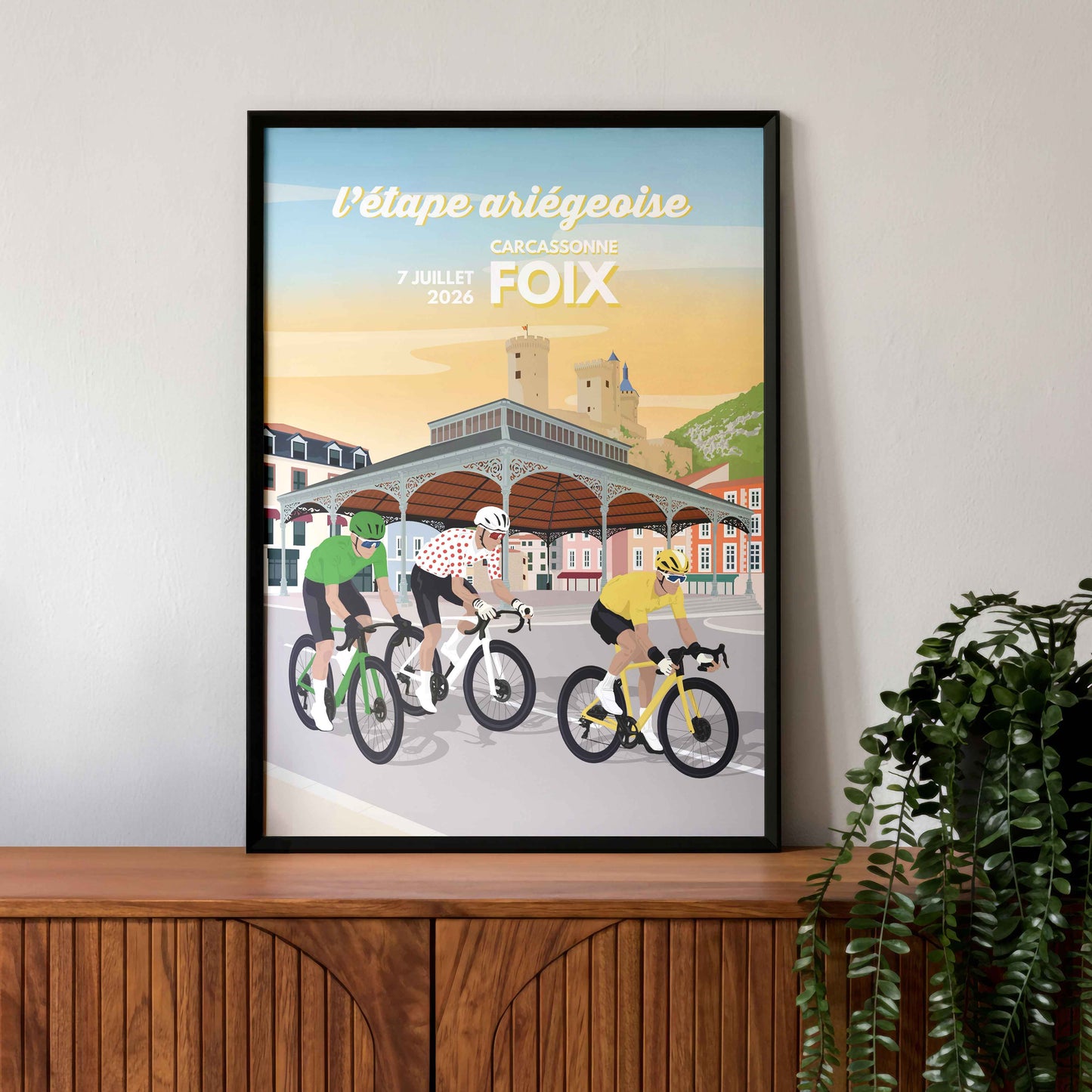 Décoration murale cyclisme : affiche Foix 2026 étape Carcassonne-Foix, idée cadeau pour passionné de vélo et de décoration ariégeoise.