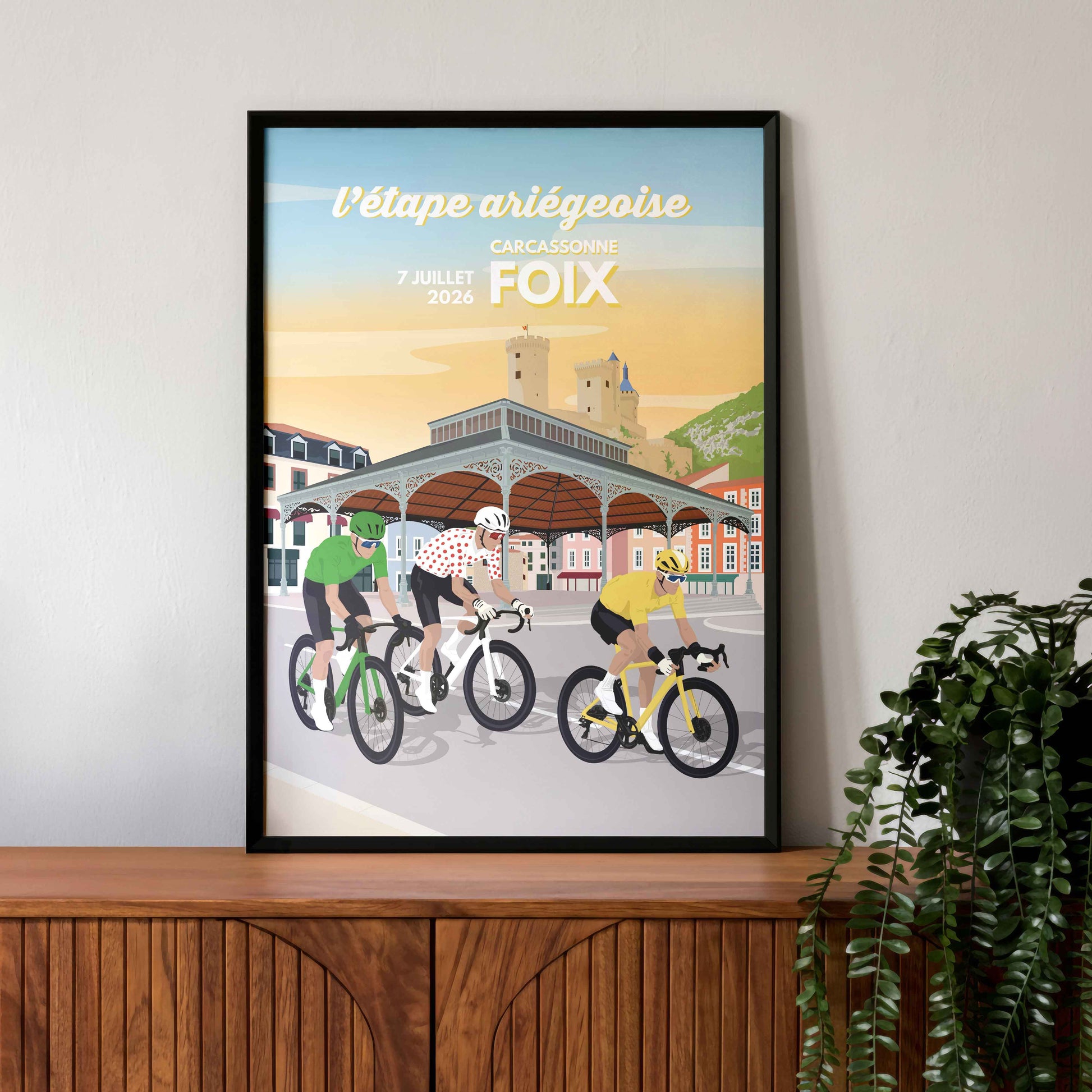 Décoration murale cyclisme : affiche Foix 2026 étape Carcassonne-Foix, idée cadeau pour passionné de vélo et de décoration ariégeoise.