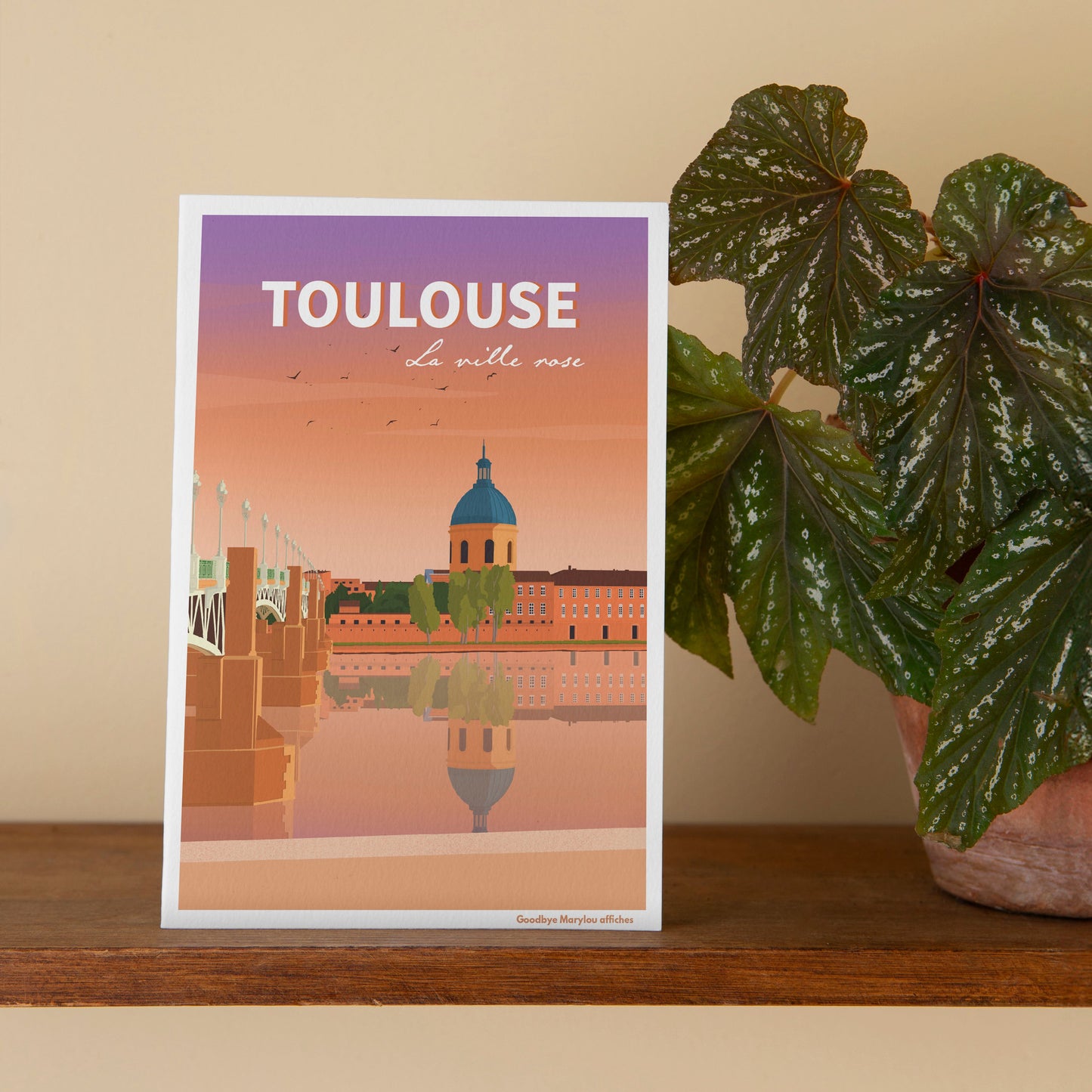 Carte postale illustration Toulouse ville rose, vue sur le dôme de La Grave et la Garonne.