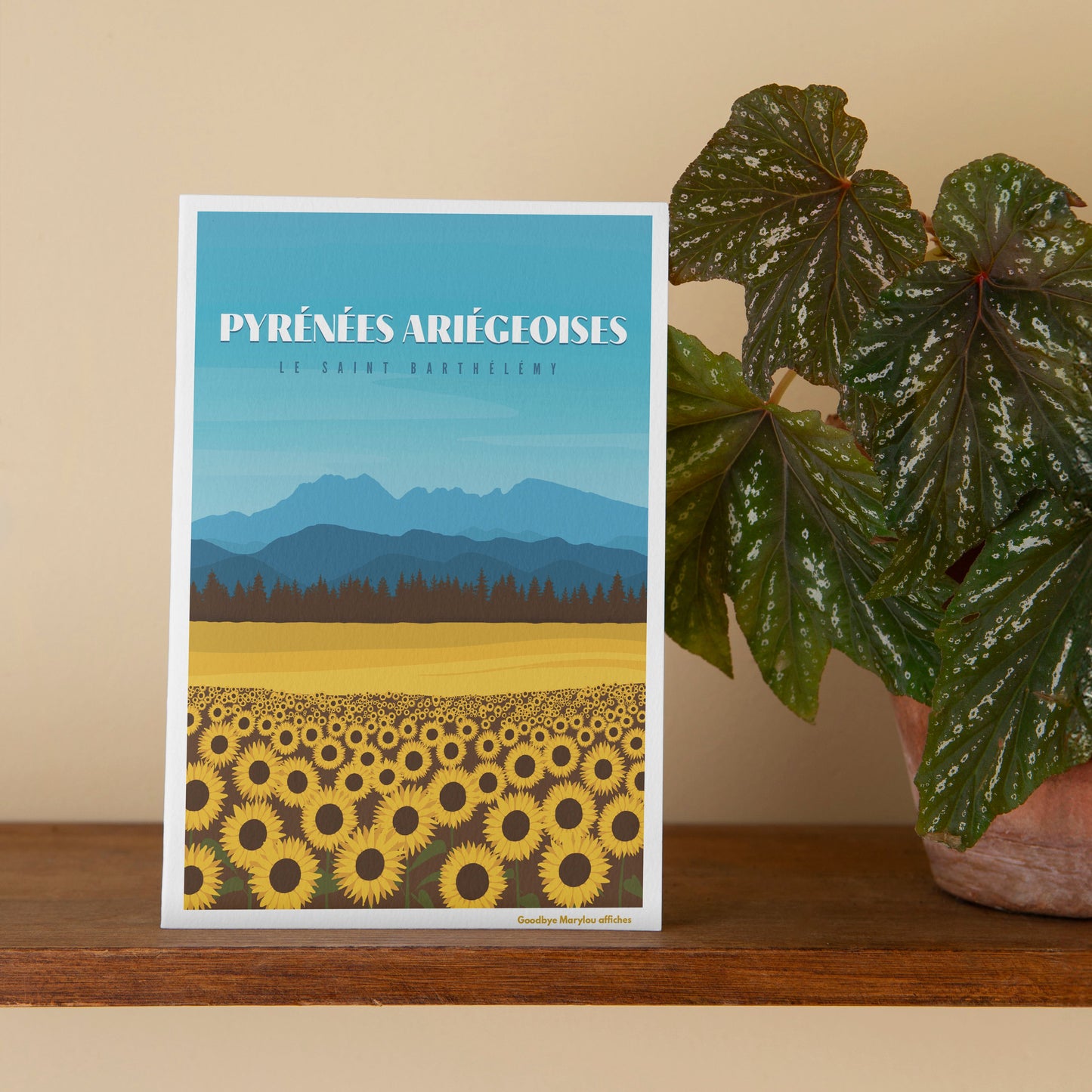 Carte postale illustration Pyrénées Ariégeoises, champ de tournesols face aux montagnes.