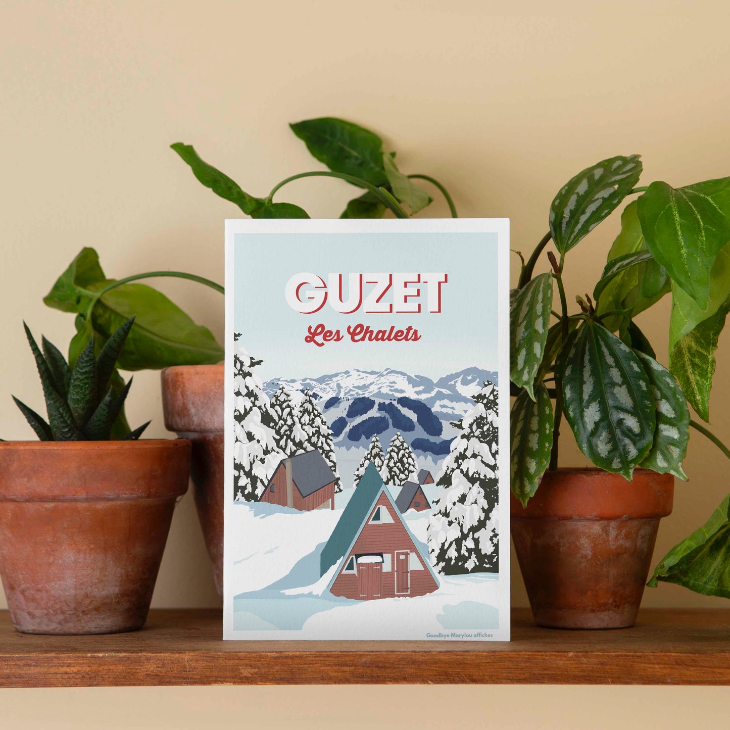 Carte postale station de ski Guzet neige et chalets, illustration montagne Ariège.