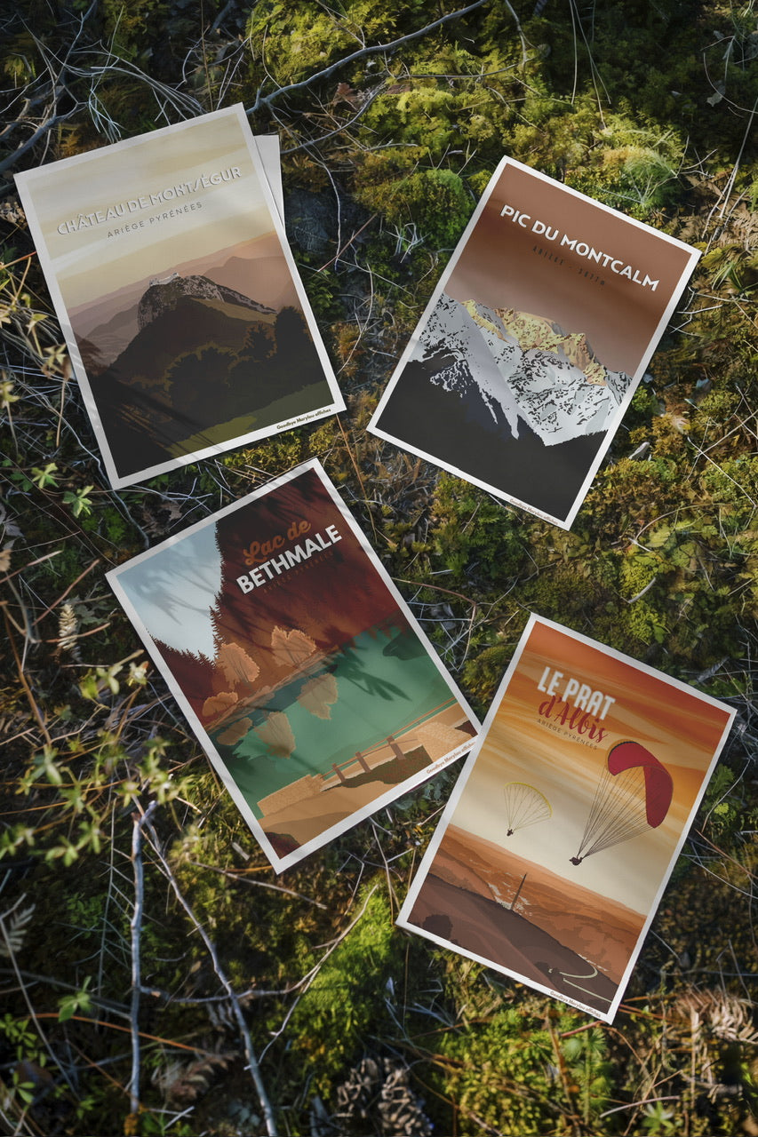 Lot de cartes postales illustrées des plus beaux paysages de l'Ariège, création originale Goodbye Marylou.
