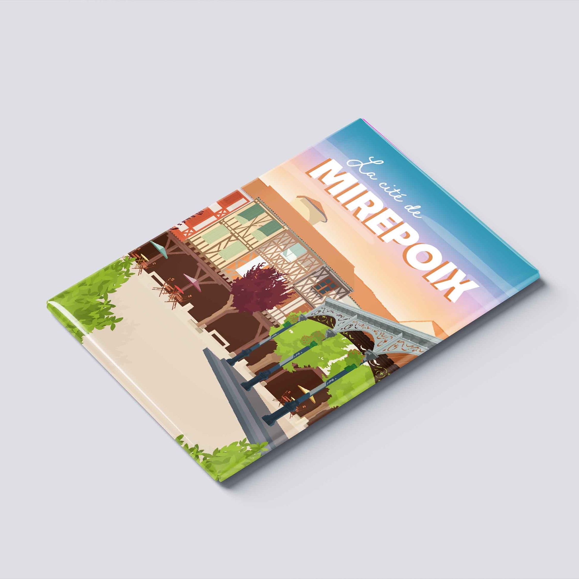 Petit magnet décoratif Goodbye Marylou de la ville de Mirepoix posé sur une surface métallique, mettant en avant son format compact et son épaisseur premium.
