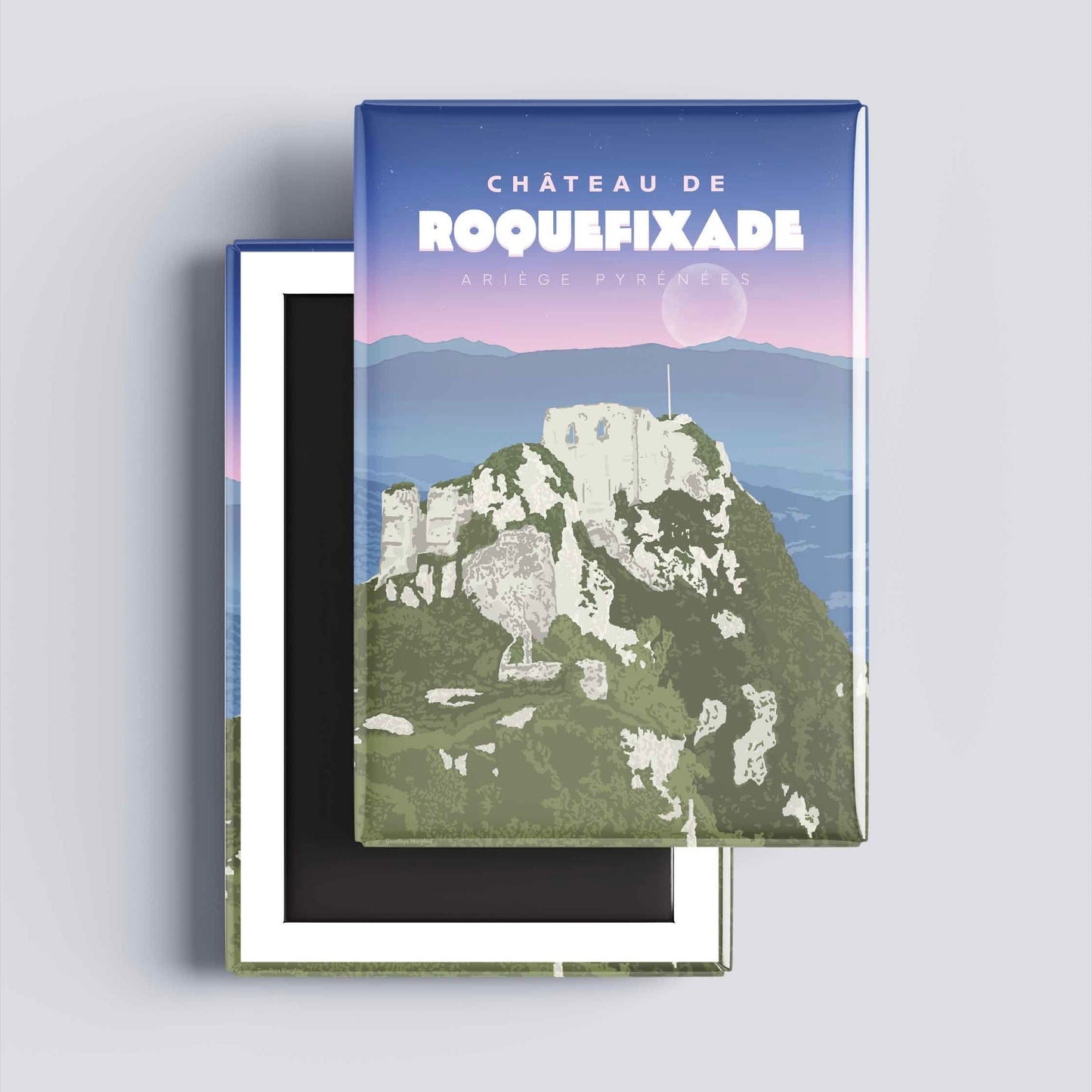 Détail graphique de l'illustration de Roquefixade sur un magnet décoratif, style néo-rétro aux teintes nocturnes et bleutées.