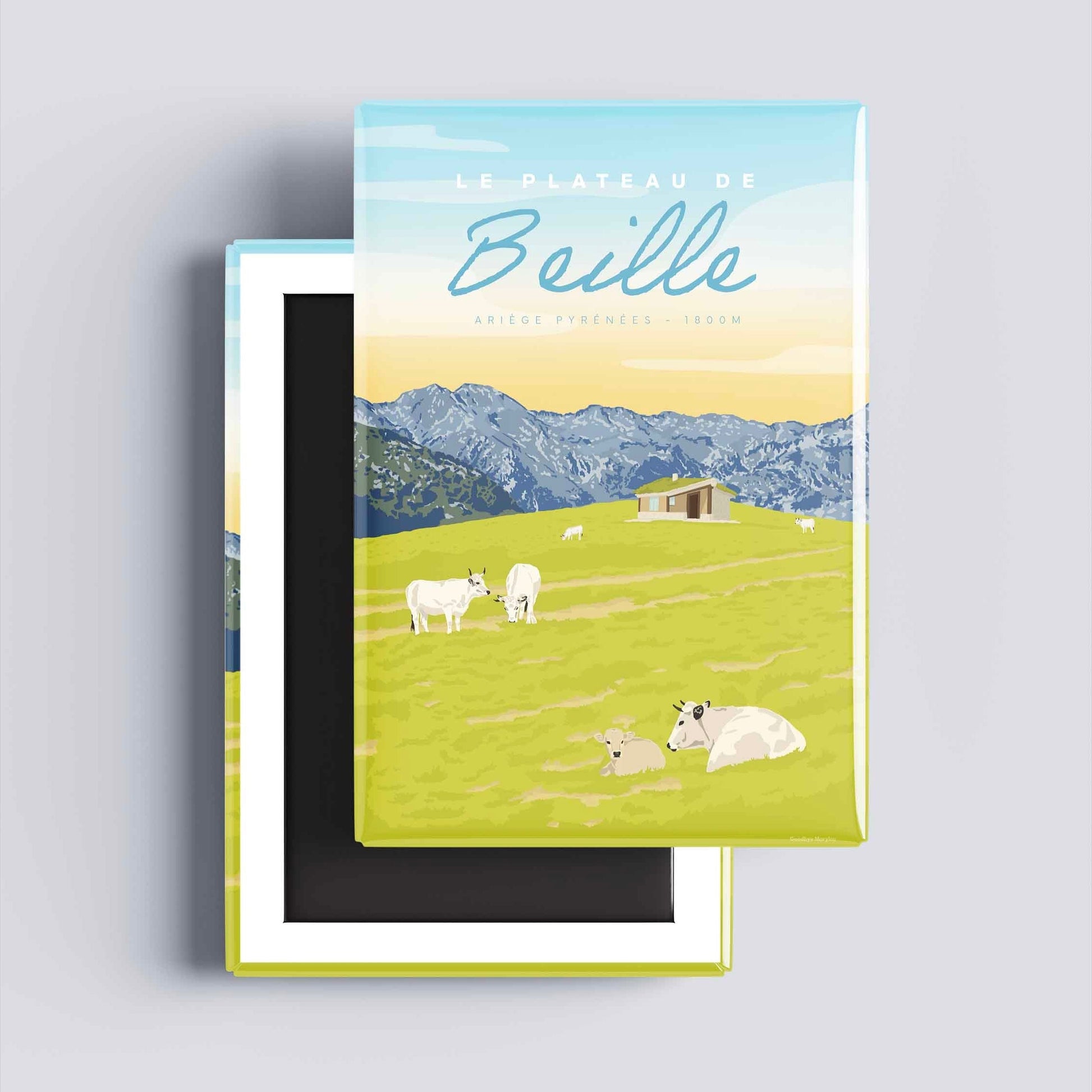 Détail de l'illustration du Plateau de Beille mettant en avant les vaches et l'ambiance pastorale de l'Ariège en été.
