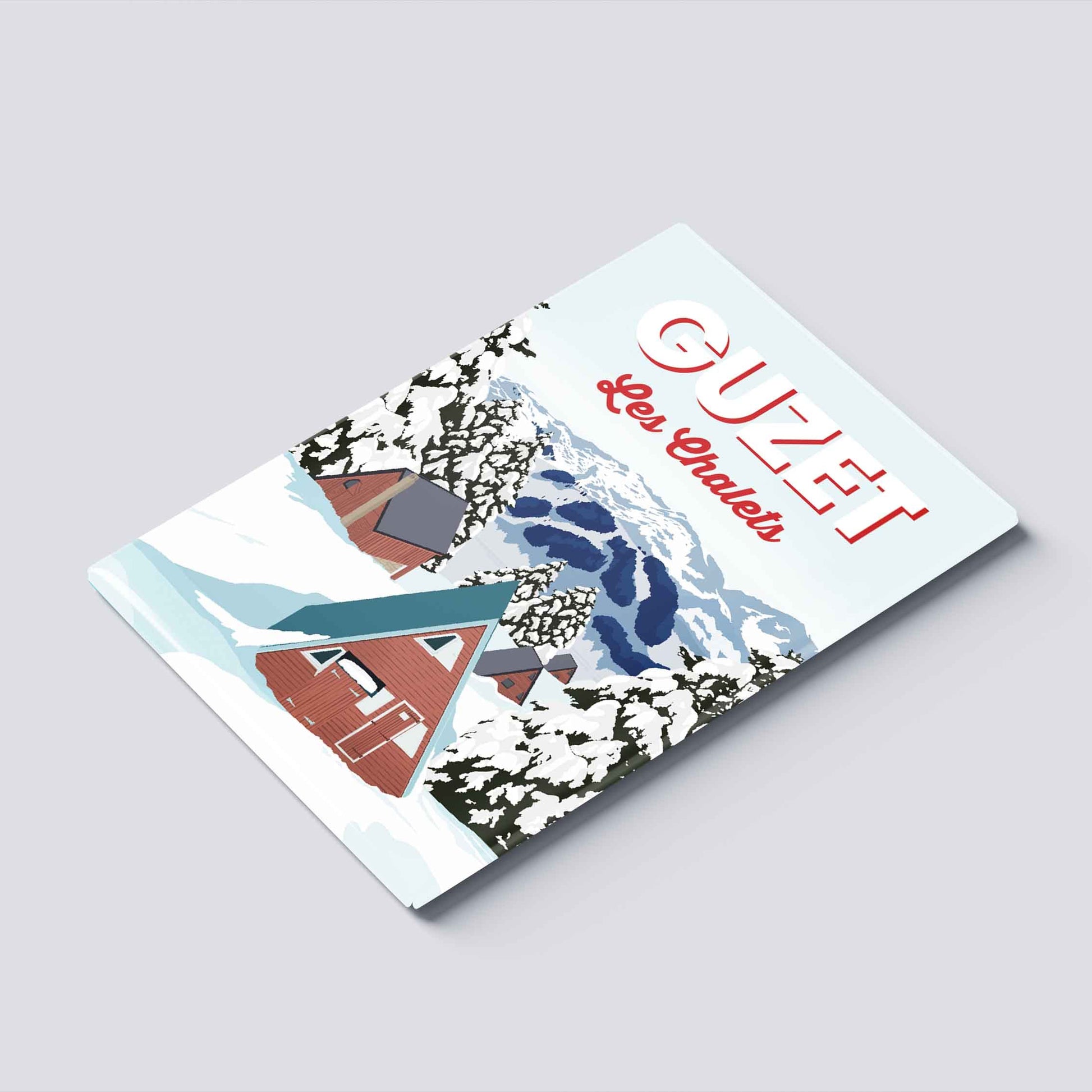 Détail du graphisme de Guzet Les Chalets sur un magnet premium, style néo-rétro aux couleurs hivernales.