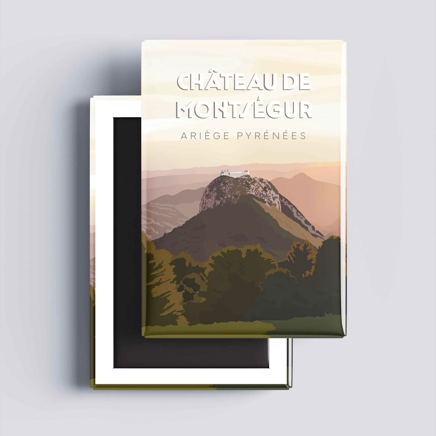 Détail graphique de l'illustration de Montségur sur un magnet décoratif, mettant en avant les tons chauds et le style néo-rétro.