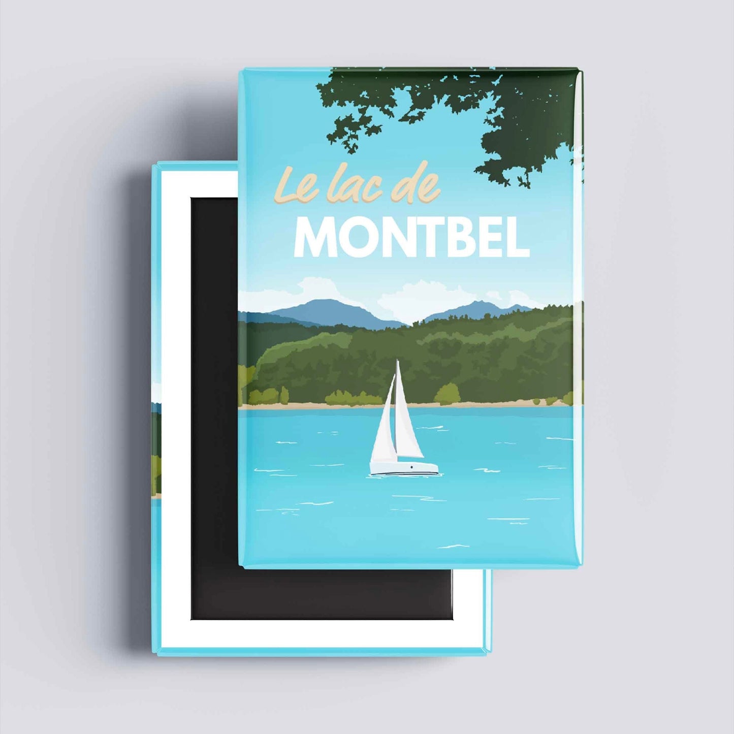 Détail graphique de l'illustration du lac de Montbel sur un magnet décoratif, mettant en avant les couleurs bleues et le style néo-rétro.