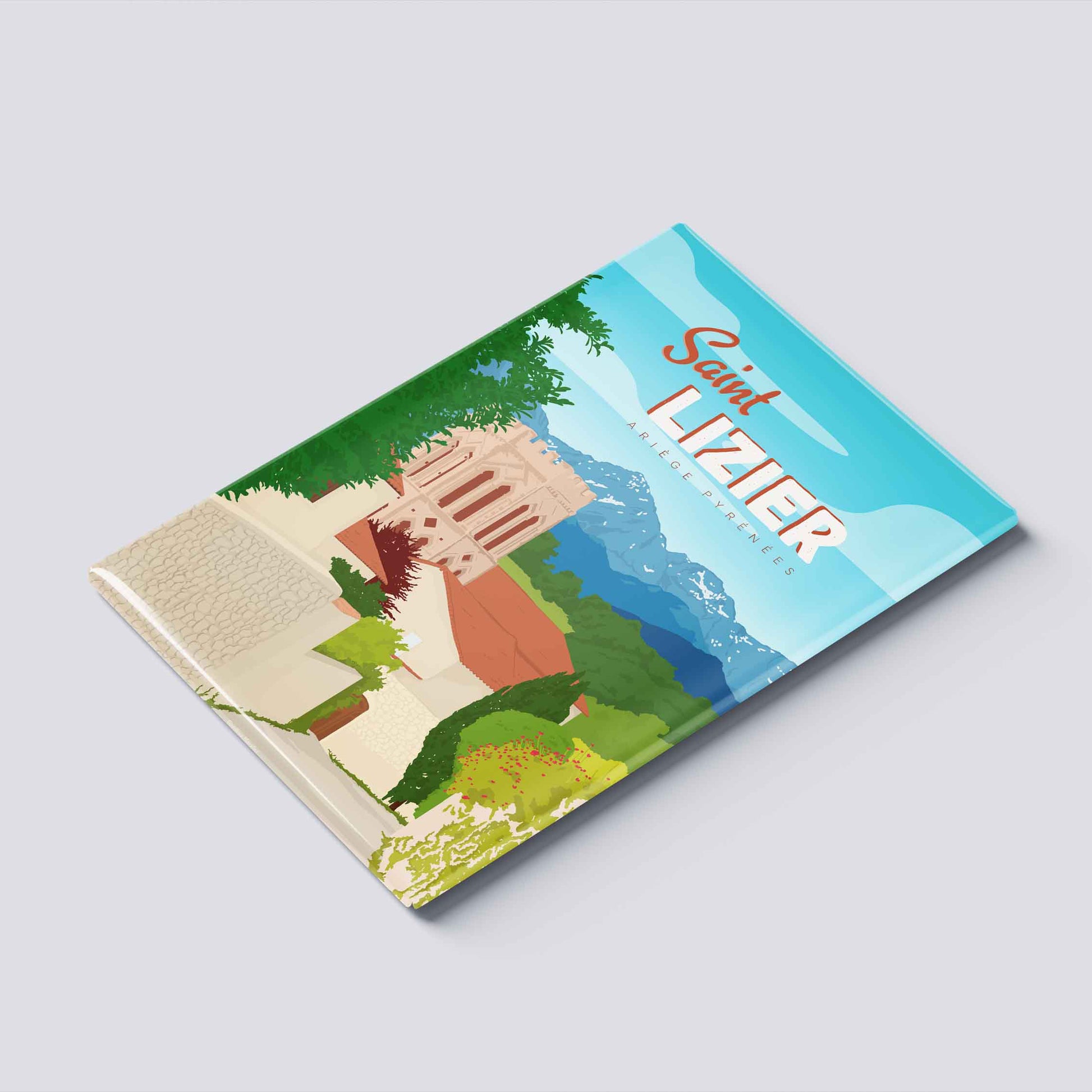 Magnet premium de Saint-Lizier montrant la finition rigide et le dos aimanté de haute qualité sur fond gris