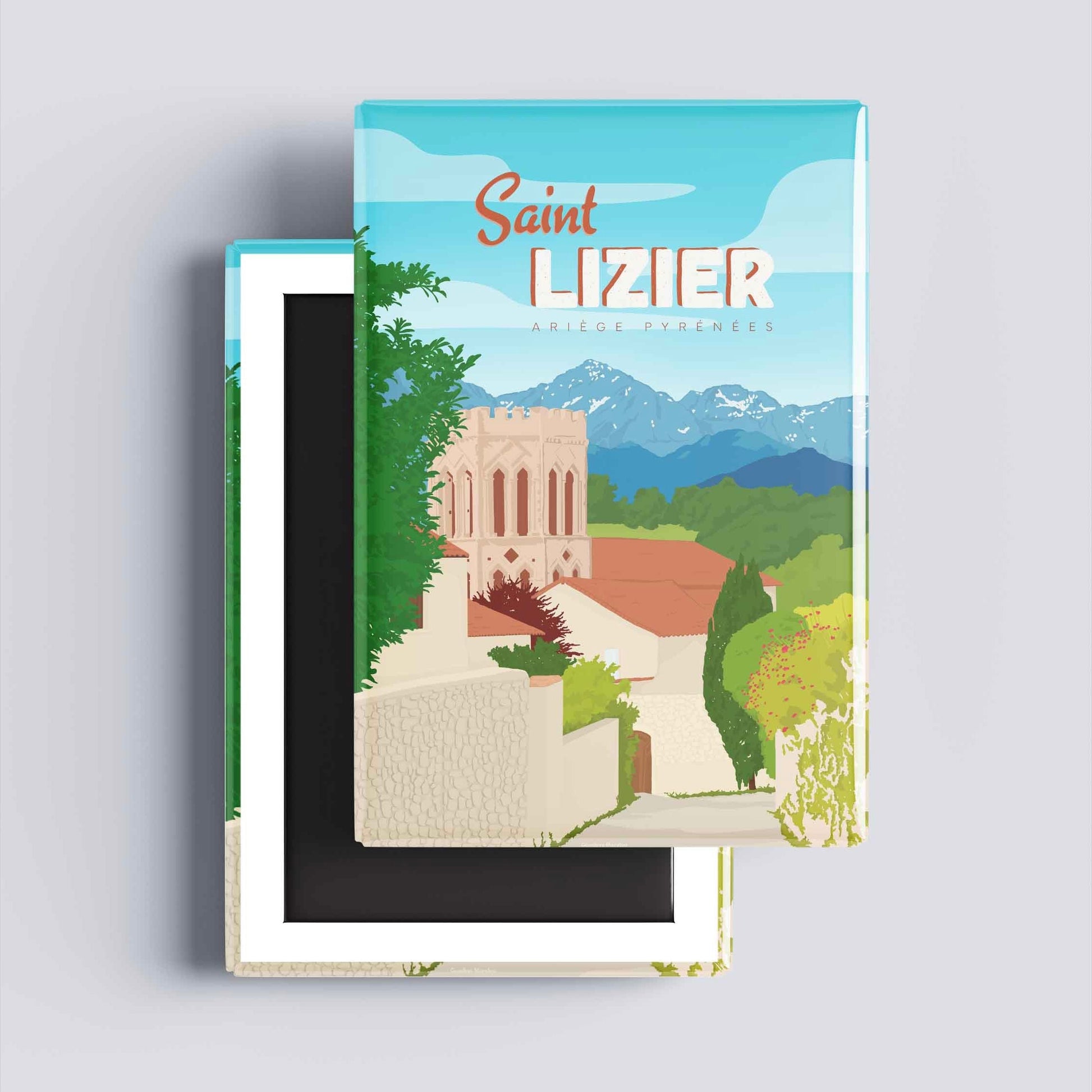 Détail graphique de l'illustration de Saint-Lizier sur un magnet décoratif, style néo-rétro aux couleurs lumineuses et printanières.