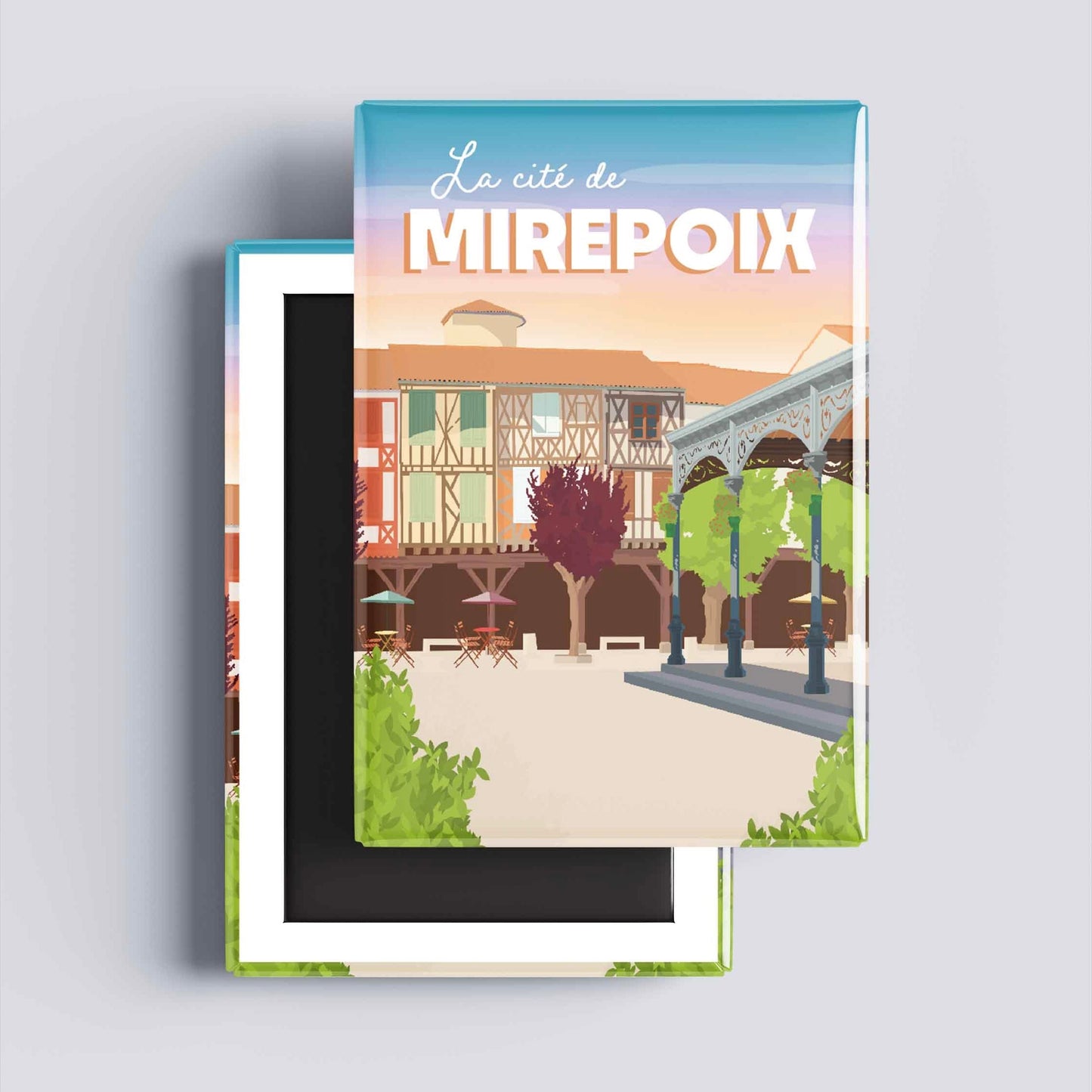 Détail de l'illustration graphique de Mirepoix sur un magnet rigide, couleurs douces et style néo-rétro pour une décoration locale des Pyrénées.