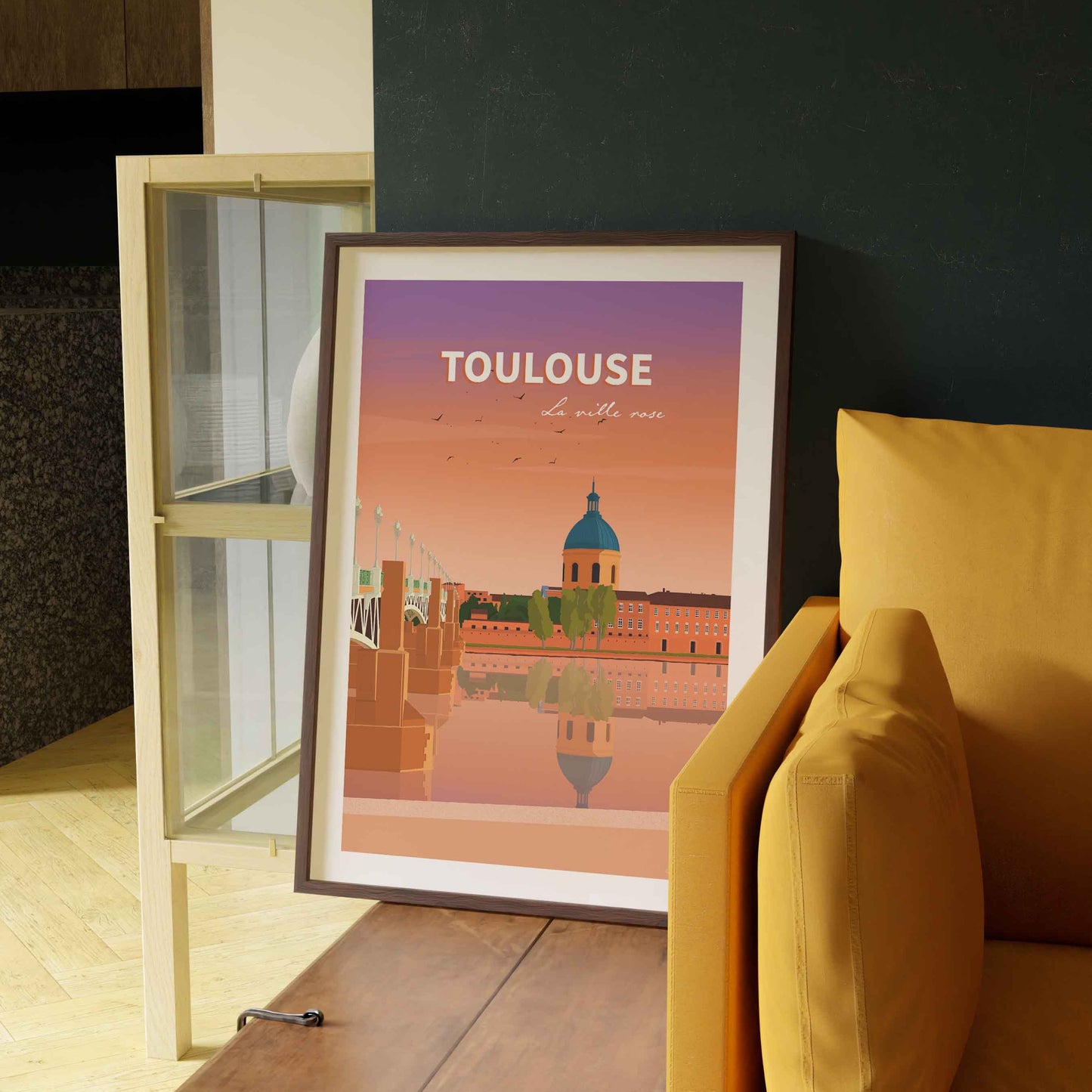 Poster Toulouse illustration quai et dôme tons lumineux