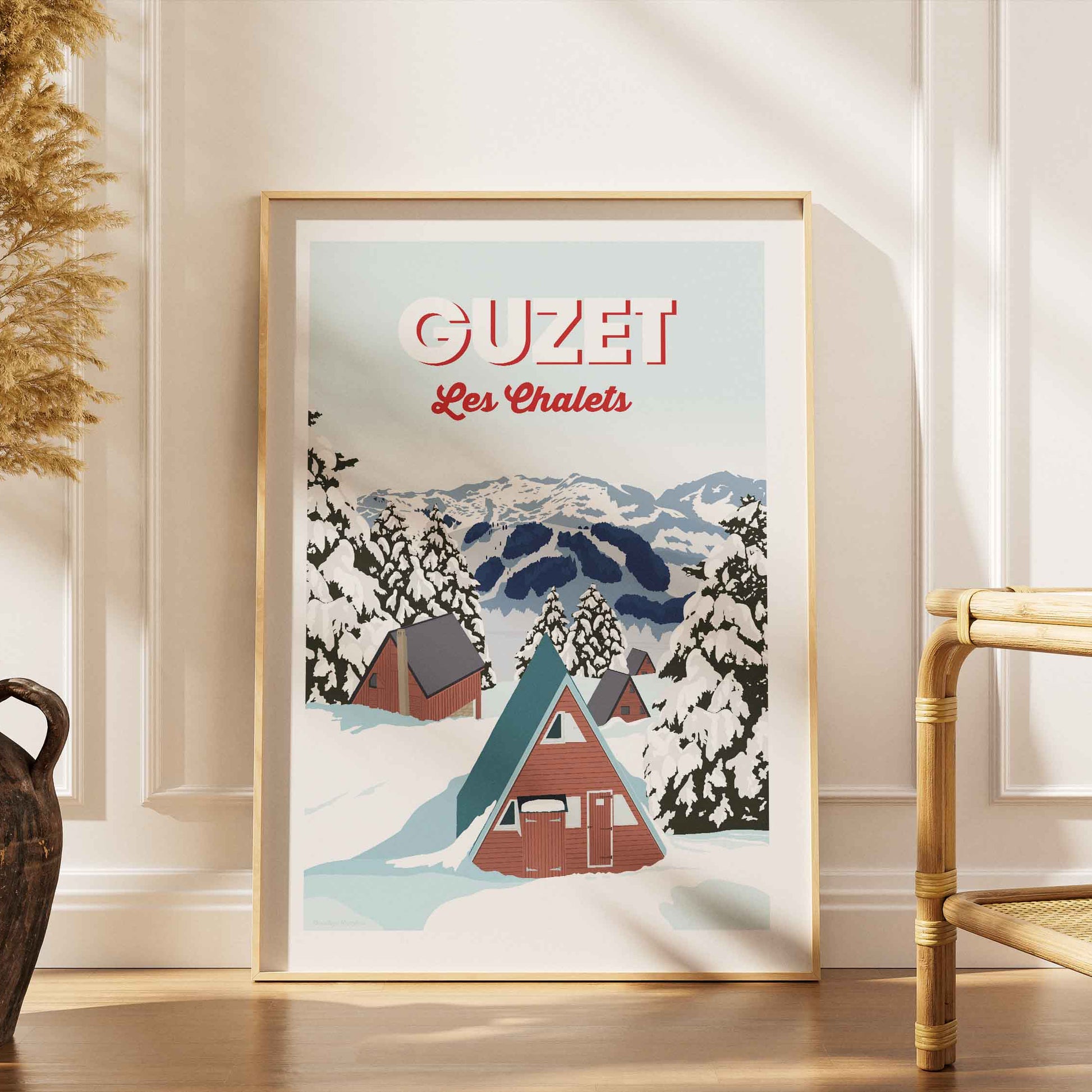 Poster des chalets de Guzet, idée cadeau local montagne hiver