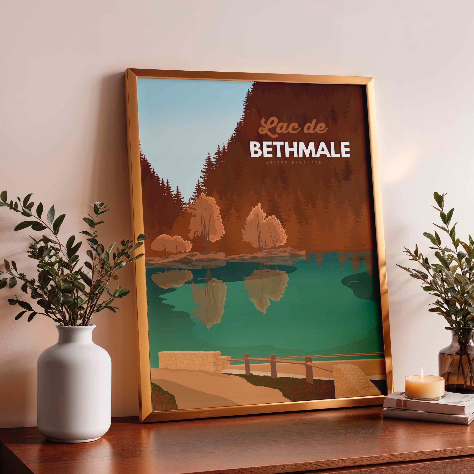 Affiche artistique du lac de Bethmale, paysage paisible en Ariège