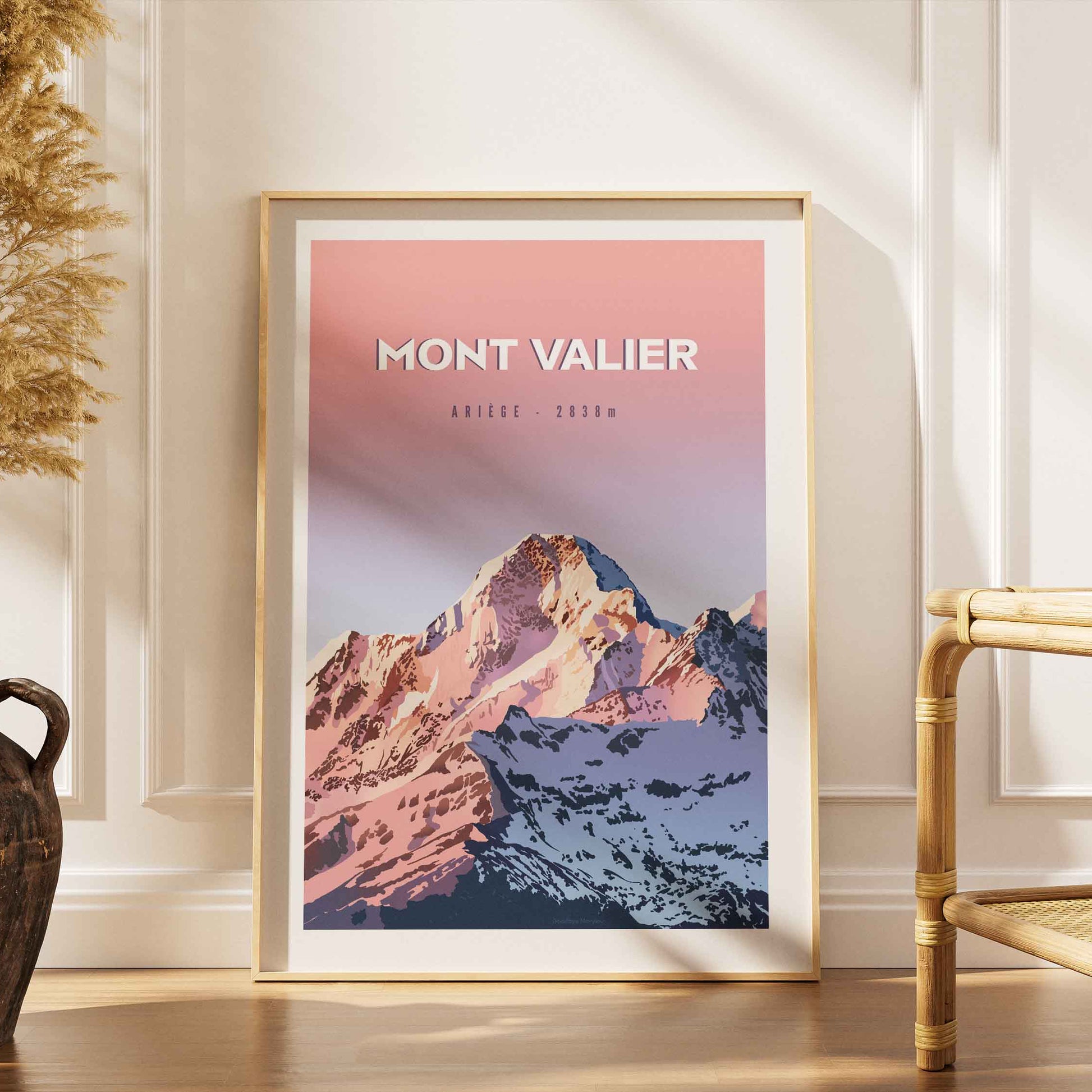 Illustration sommet Mont Valier tons roses et violets