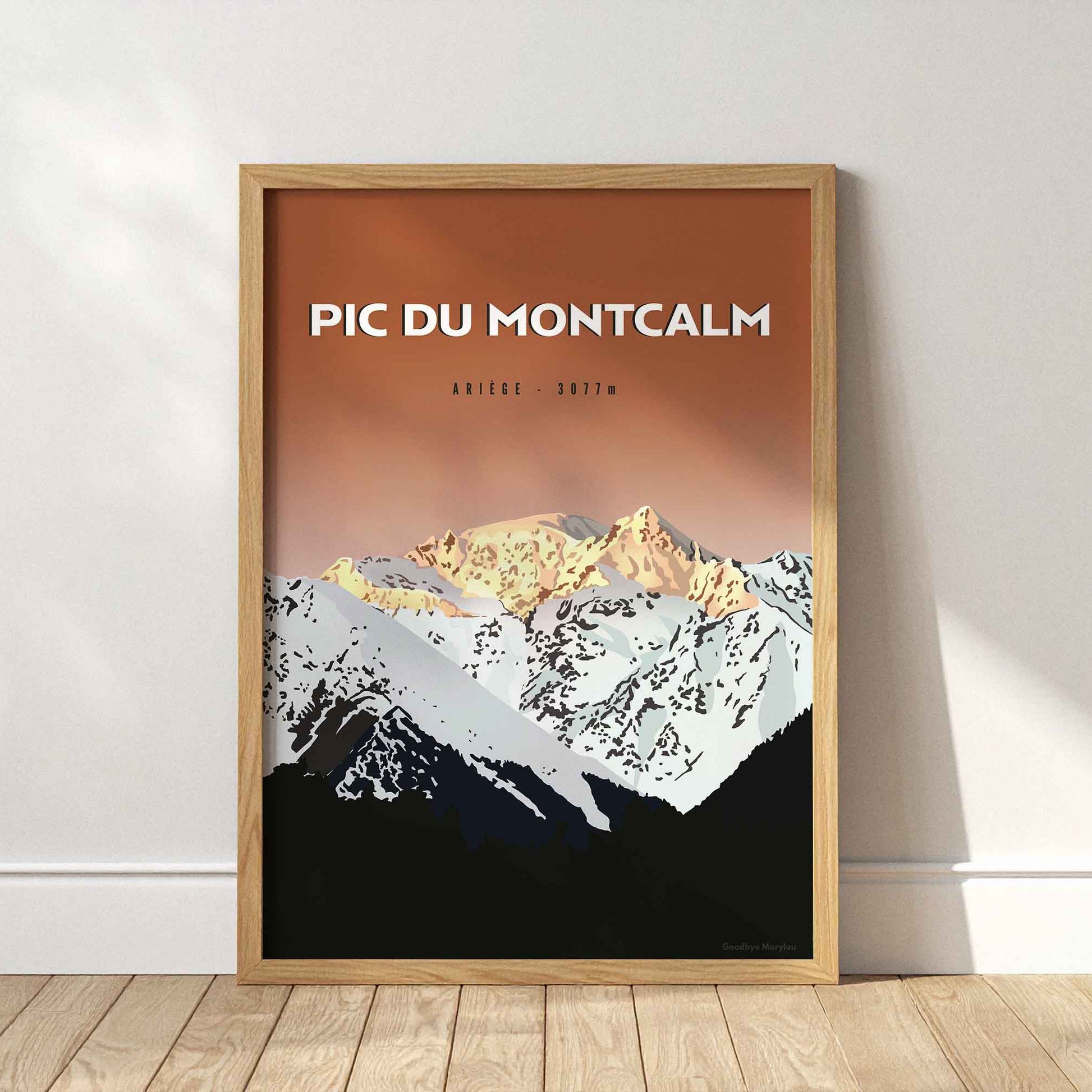 Détail de l'illustration du Pic du Montcalm, le toit de l'Ariège, encadrée en bois naturel, style affiche de voyage minimaliste.