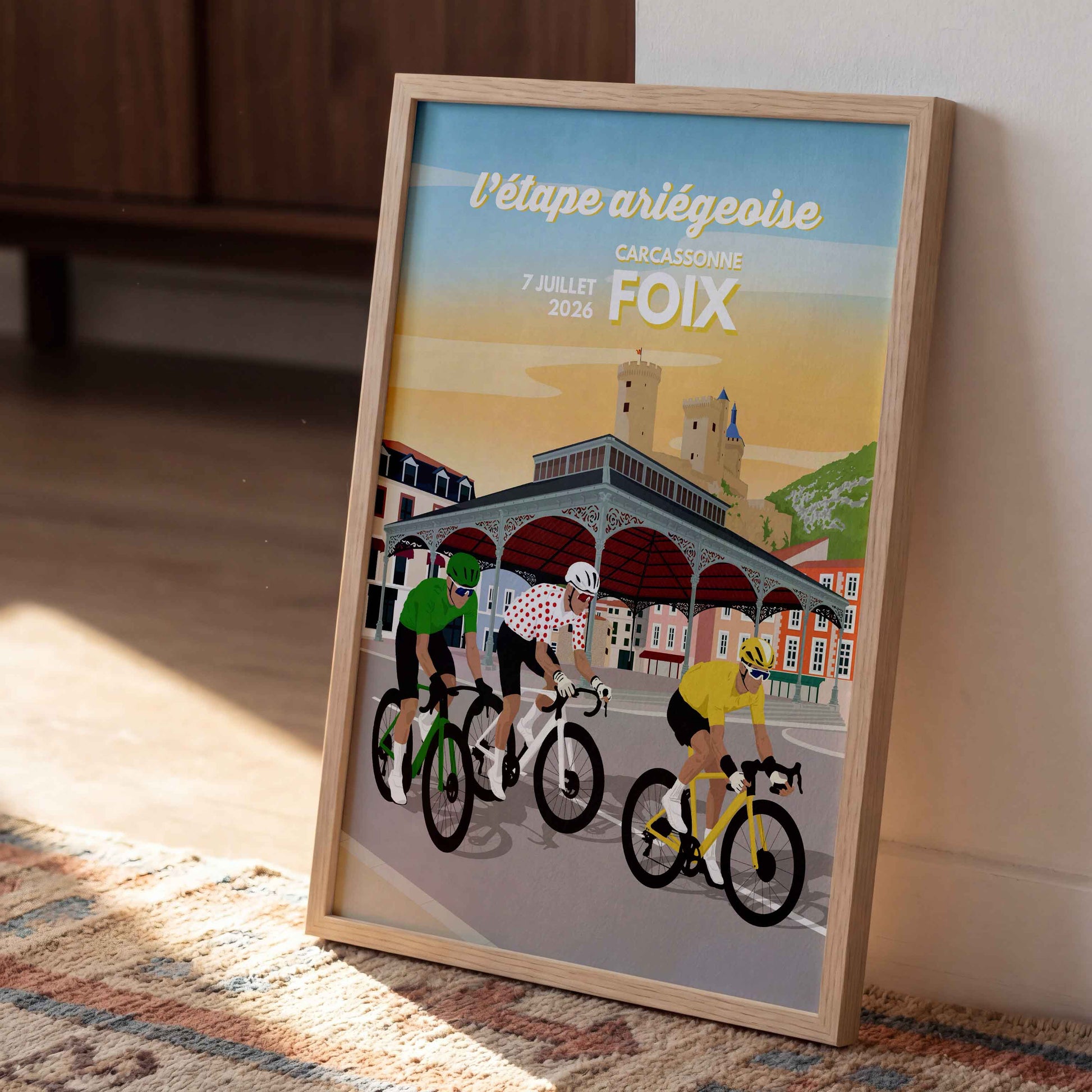Illustration cyclisme souvenir de l'étape ariégeoise à Foix dans les Pyrénées, affiche vélo vintage au style solaire pour décoration intérieure.